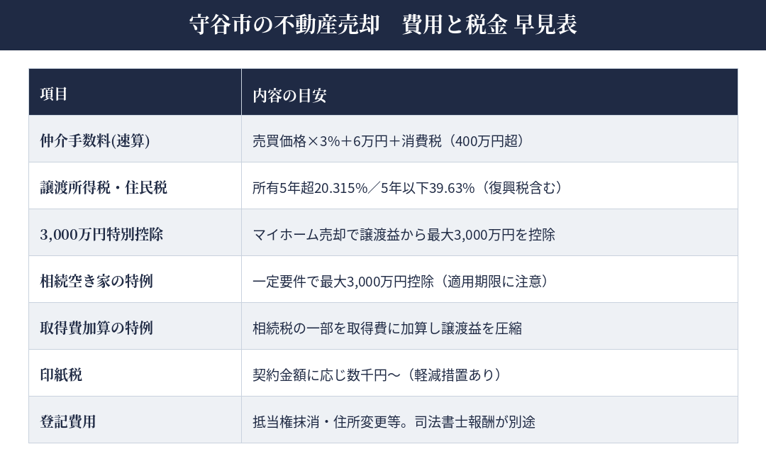 守谷市の不動産売却の費用と税金・特例早見表｜ハウスドゥ 守谷店