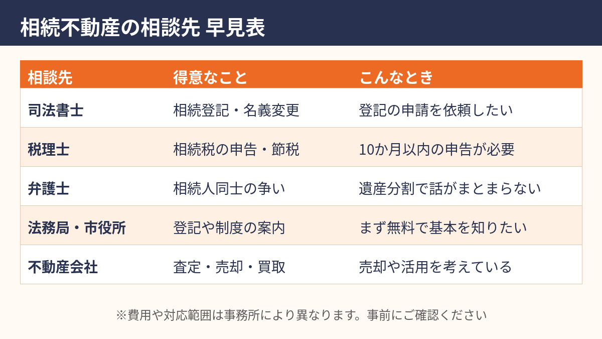 相続不動産の相談先 早見表(司法書士・税理士・弁護士・不動産会社)|守谷市
